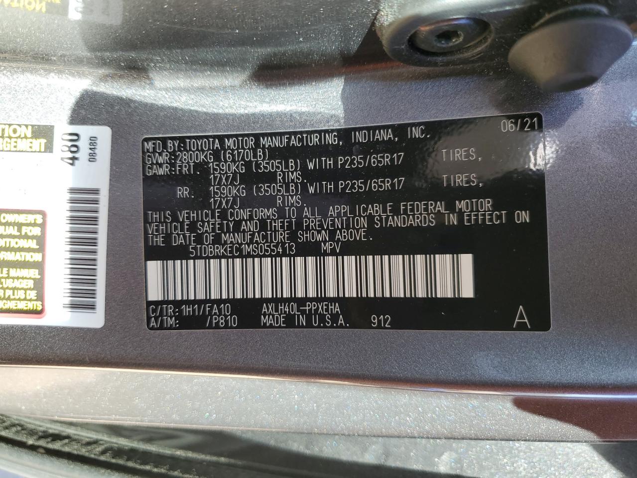 2021 Toyota Sienna VIN 5TDBRKEC1MS055413 Copart auction photo, front end / side damage thumbnail 13