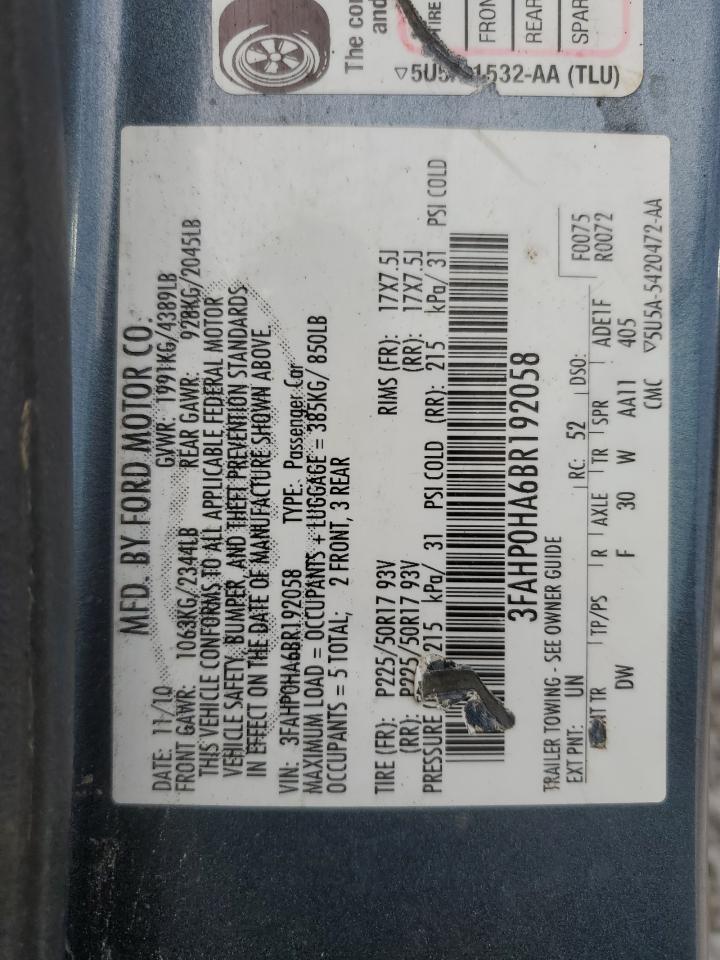 2011 Ford Fusion VIN 3FAHP0HA6BR192058 Copart auction photo, rear end damage thumbnail 13