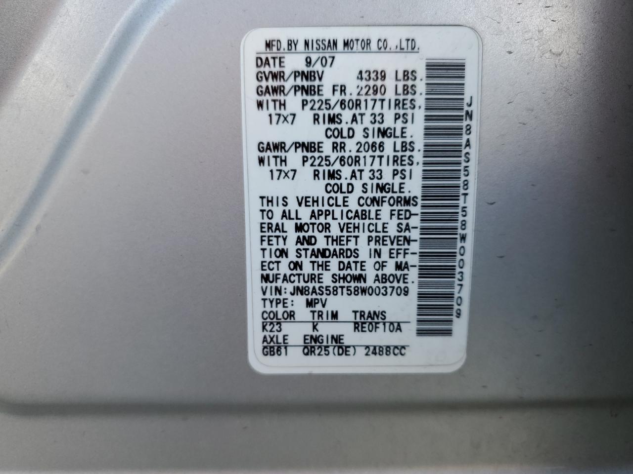 2008 Nissan Rogue VIN JN8AS58T58W003709 Copart auction photo, front end damage thumbnail 15