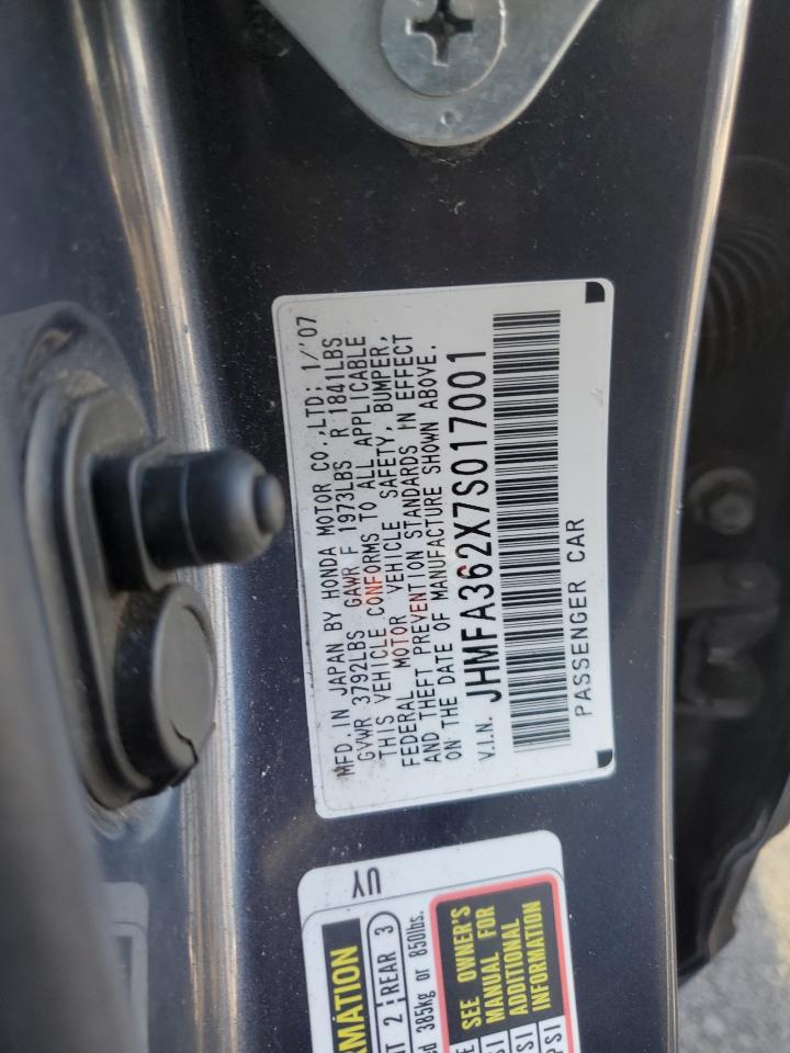 2007 Honda Civic VIN JHMFA362X7S017001 Copart auction photo, front end / side damage thumbnail 12