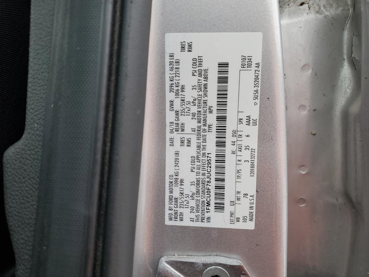 2018 Ford Escape VIN 1FMCU0F78JUC29571 Copart auction photo, all over damage thumbnail 15