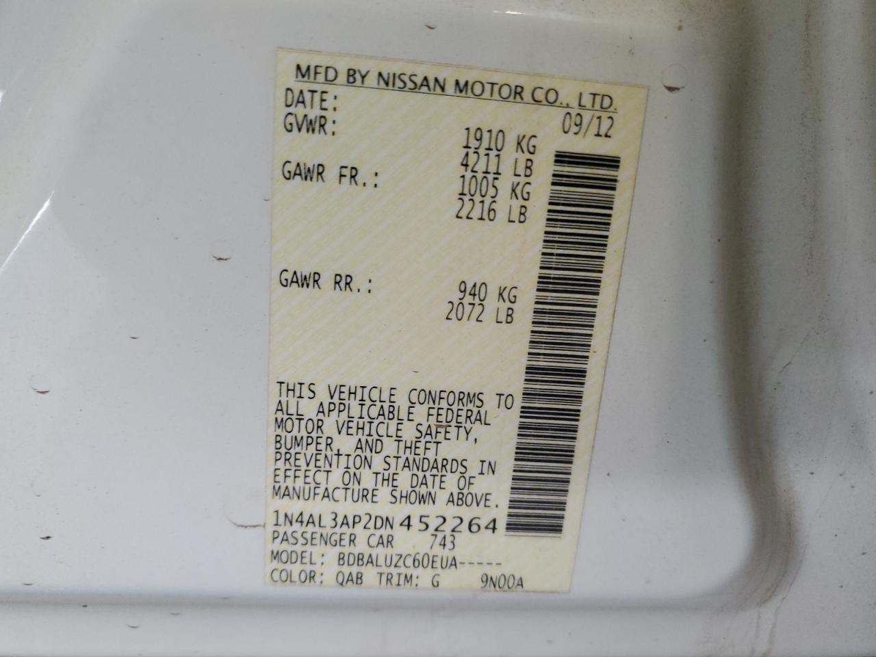 2013 Nissan Altima VIN 1N4AL3AP2DN452264 Copart auction photo, front end damage thumbnail 12