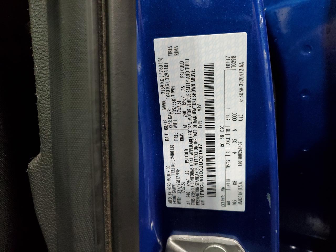 2018 Ford Escape VIN 1FMCU9GD3JUD21647 Copart auction photo, front end damage thumbnail 15