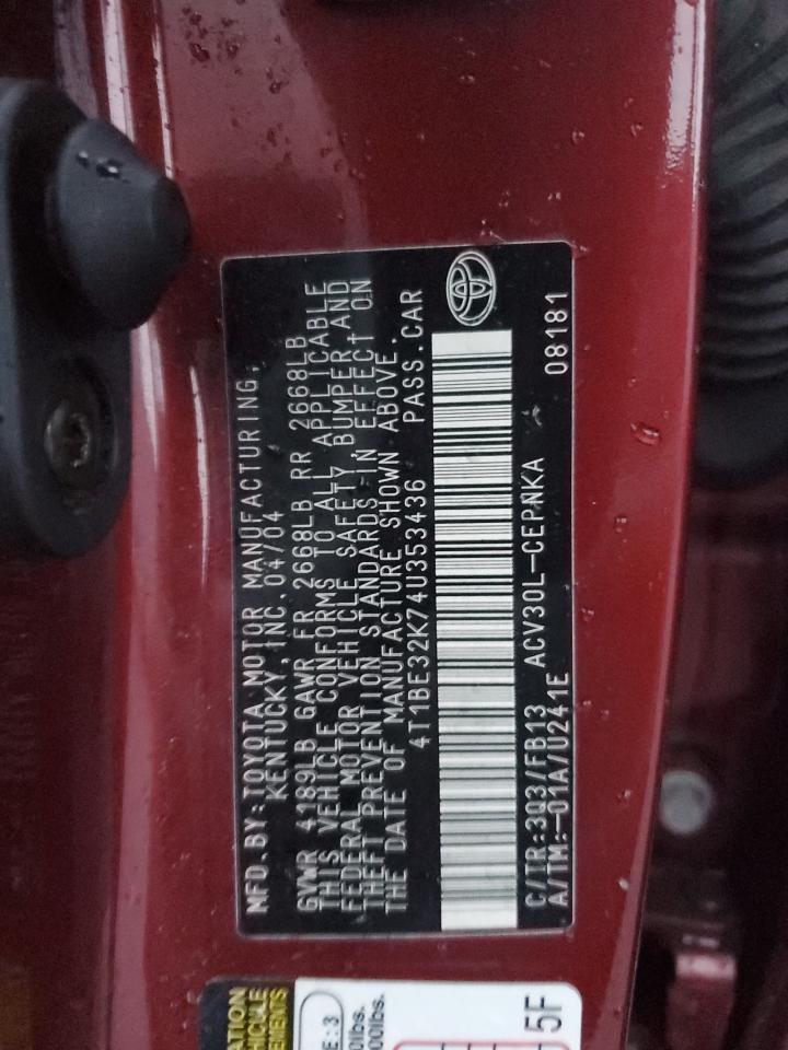 2004 Toyota Camry VIN 4T1BE32K74U353436 Copart auction photo, mechanical / front end damage thumbnail 12