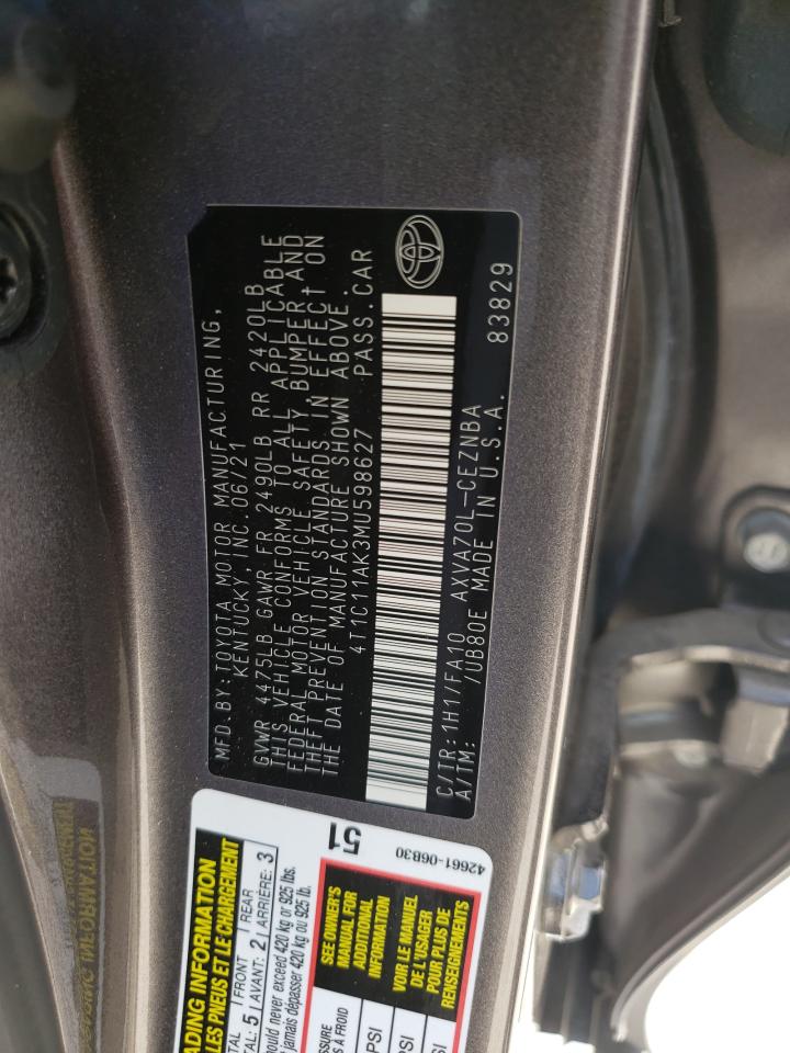 2021 Toyota Camry VIN 4T1C11AK3MU598627 Copart auction photo, front end damage thumbnail 12