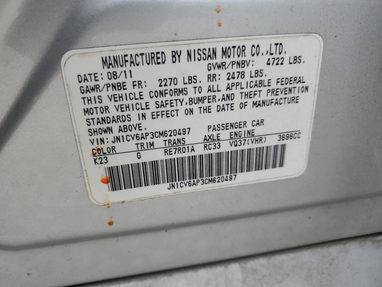 2012 Infiniti G VIN JN1CV6AP3CM620497 Copart auction photo, side / rear end damage thumbnail 15