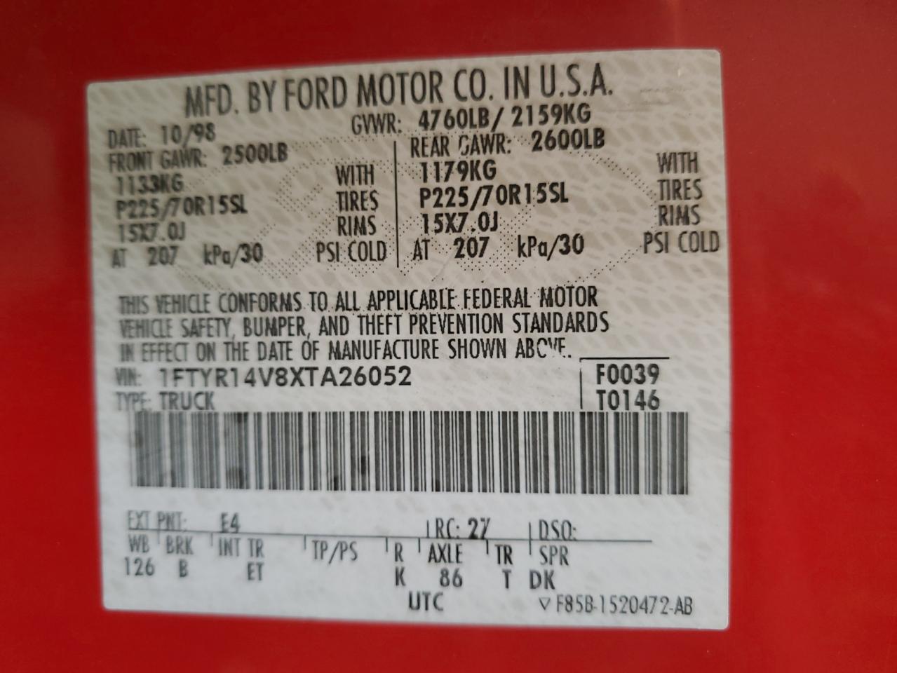 1999 Ford Ranger VIN 1FTYR14V8XTA26052 Copart auction photo, side / front end damage thumbnail 12