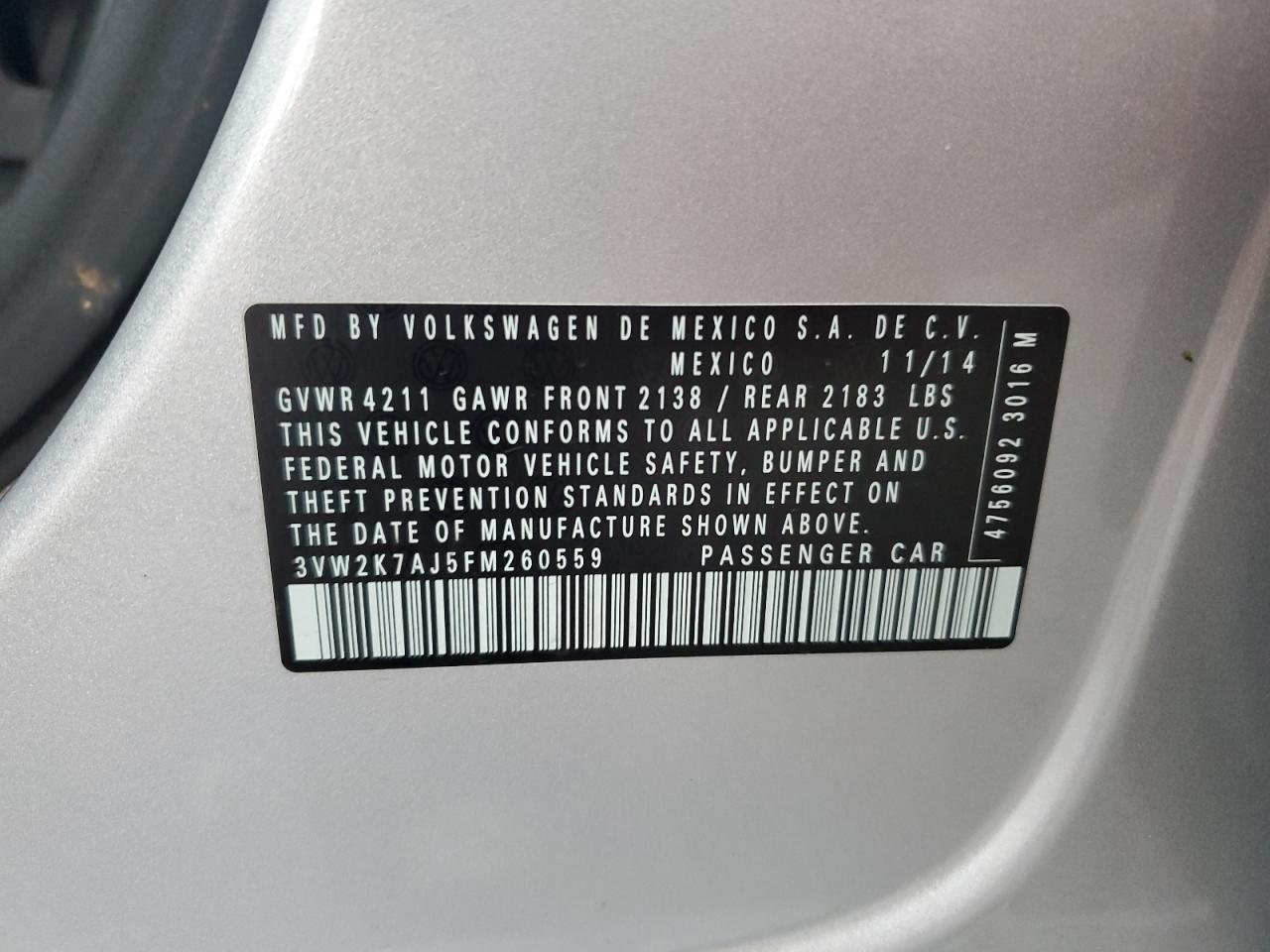 2015 Volkswagen Jetta VIN 3VW2K7AJ5FM260559 Copart auction photo, rear end / side damage thumbnail 15