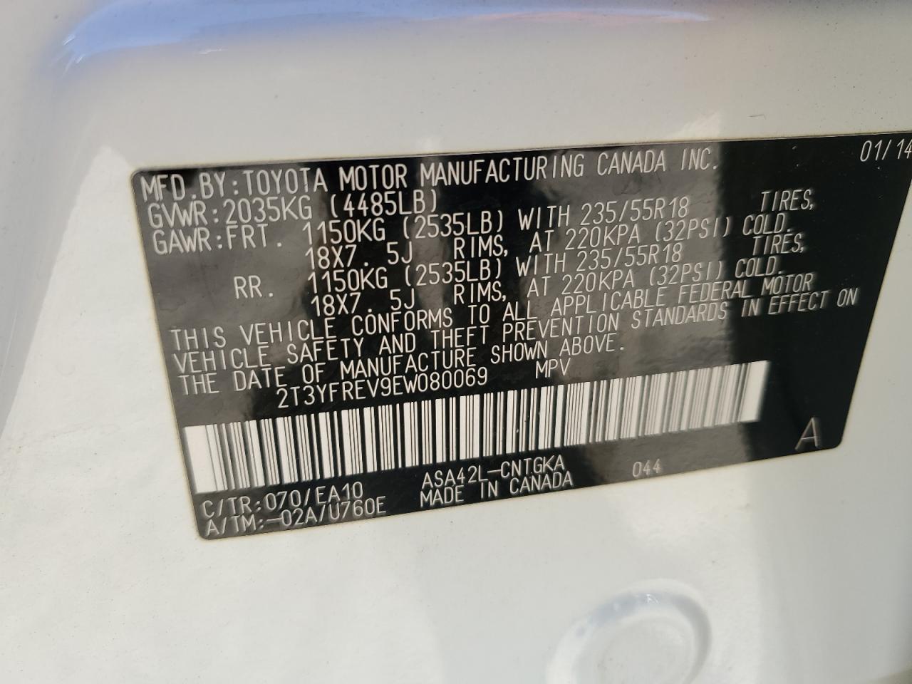 2014 Toyota RAV 4 VIN 2T3YFREV9EW080069 Copart auction photo, front end damage thumbnail 16