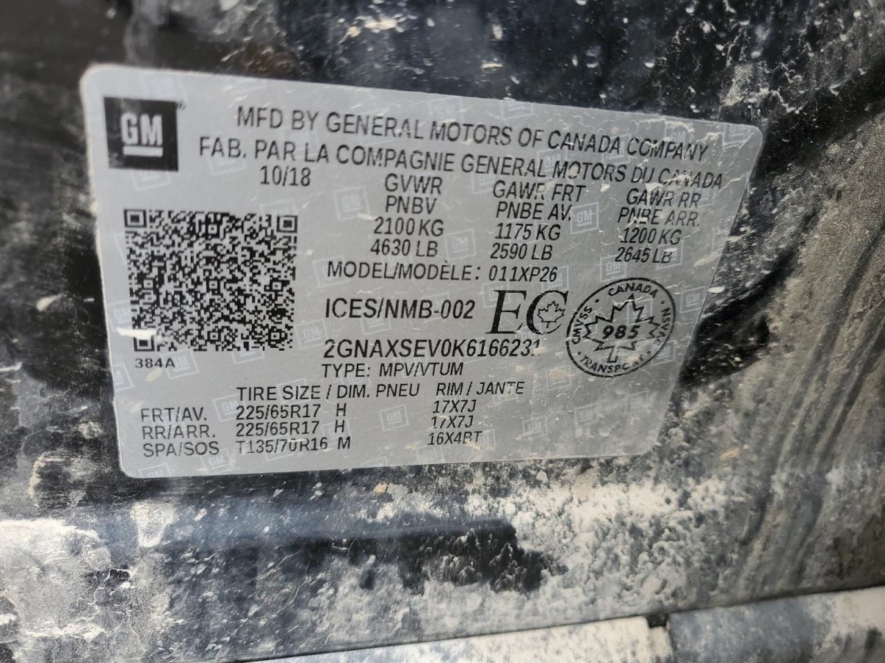 2019 Chevrolet Equinox VIN 2GNAXSEV0K6166231 Copart auction photo, front end / side damage thumbnail 12