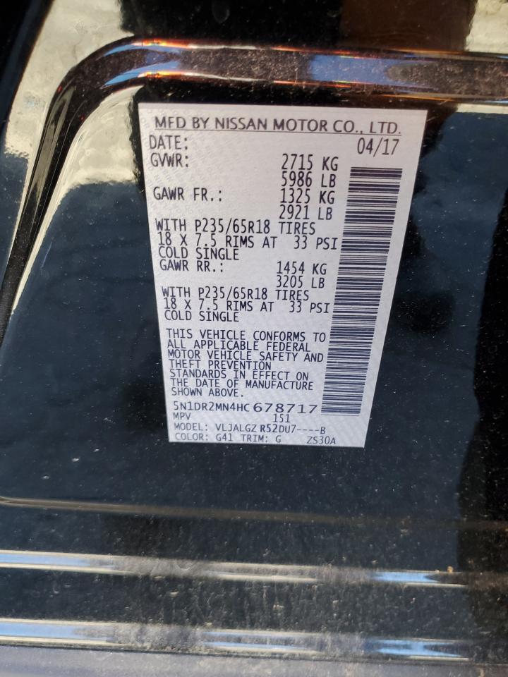 2017 Nissan Pathfinder VIN 5N1DR2MN4HC678717 Copart auction photo, rear end damage thumbnail 14