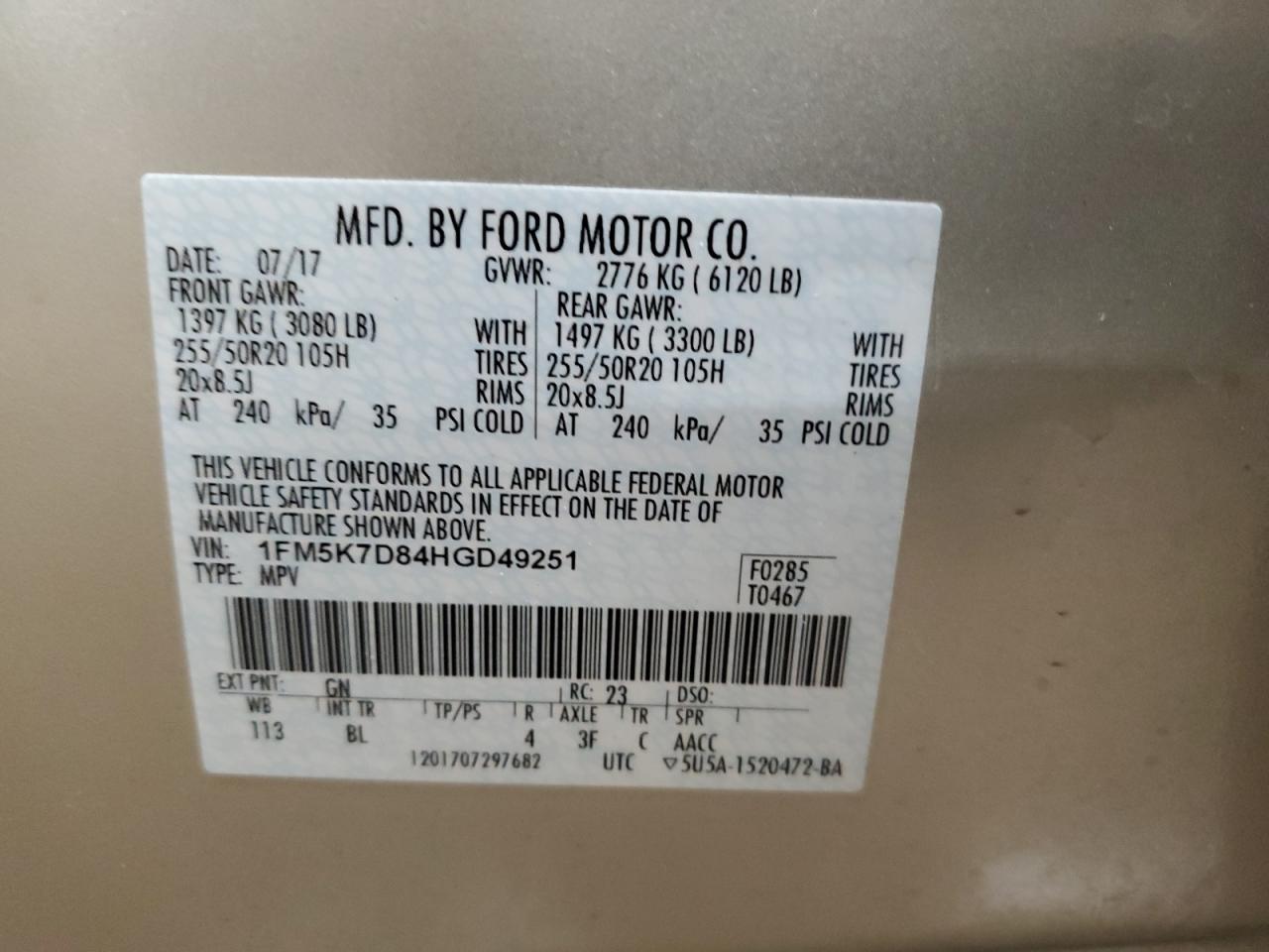 2017 Ford Explorer VIN 1FM5K7D84HGD49251 Copart auction photo, rear end damage thumbnail 14