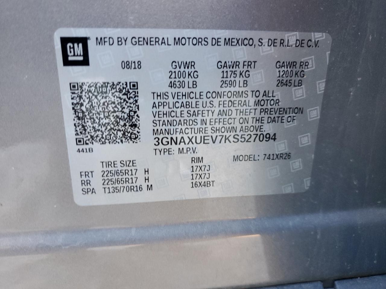 2019 Chevrolet Equinox VIN 3GNAXUEV7KS527094 Copart auction photo, rollover damage thumbnail 14