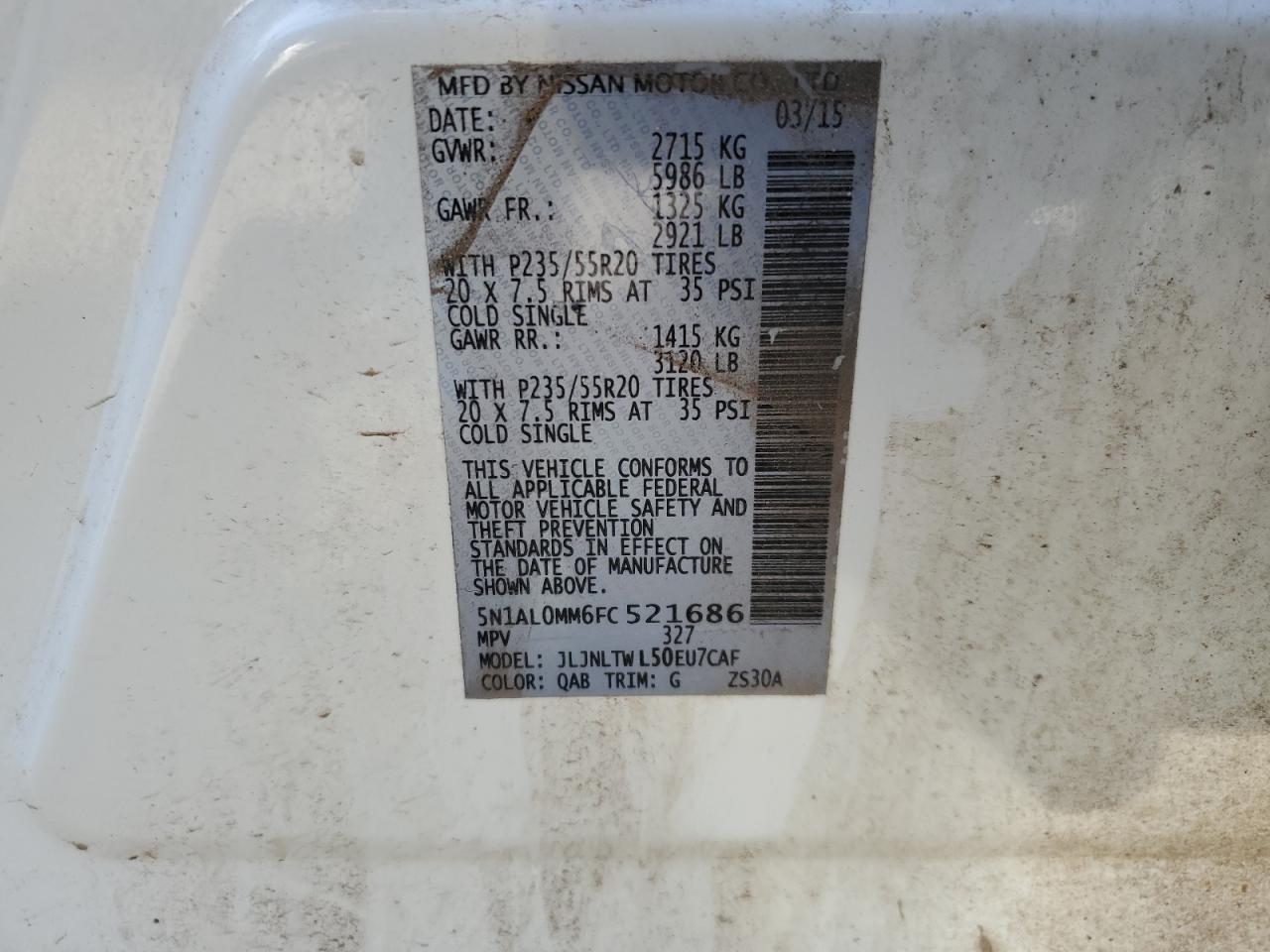 2015 Infiniti QX60 VIN 5N1AL0MM6FC521686 Copart auction photo, side / rear end damage thumbnail 13