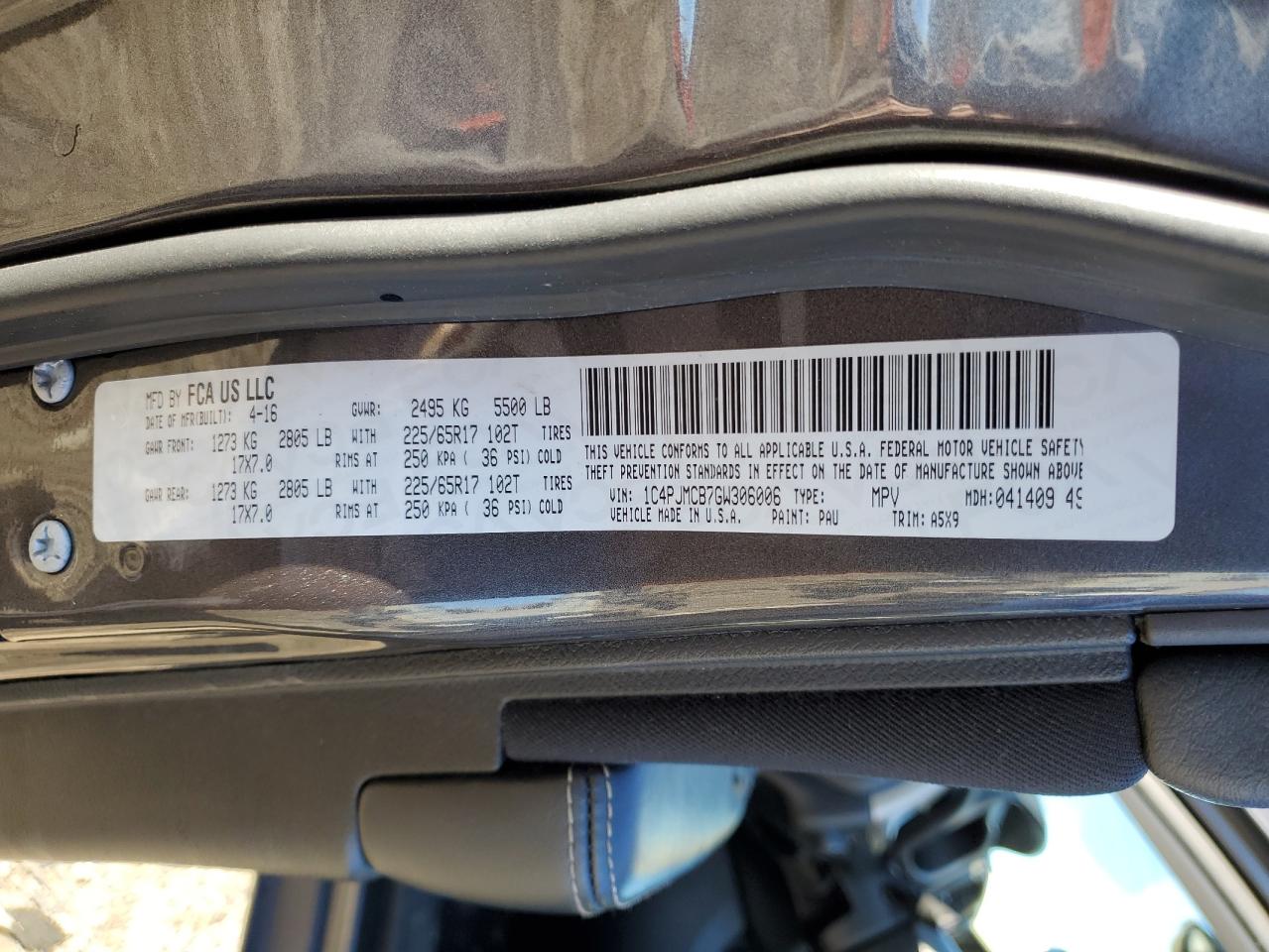 2016 Jeep Grand Cherokee VIN 1C4PJMCB7GW306006 Copart auction photo, front end / side damage thumbnail 15