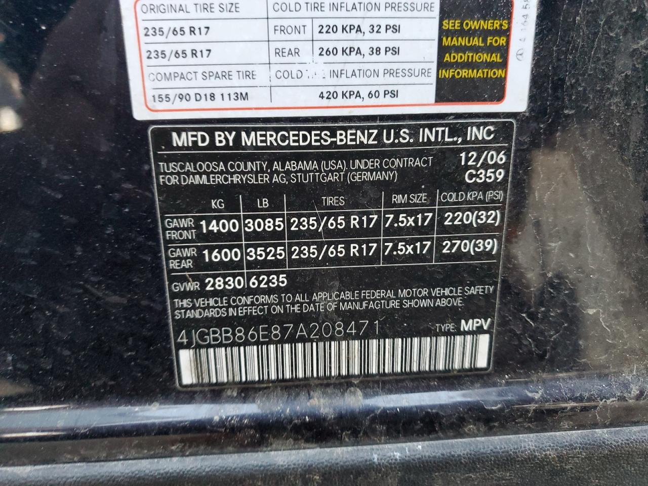 2007 Mercedes-Benz M-klasse VIN 4JGBB86E87A208471 Copart auction photo, front end / minor dent/scratches damage thumbnail 13