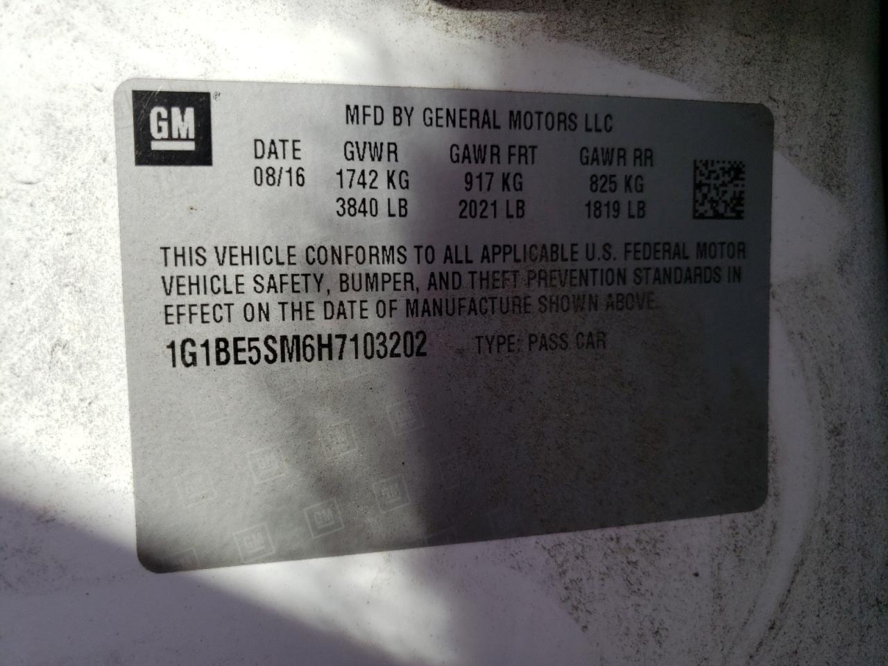 2017 Chevrolet Cruze VIN 1G1BE5SM6H7103202 Copart auction photo, front end / minor dent/scratches damage thumbnail 13