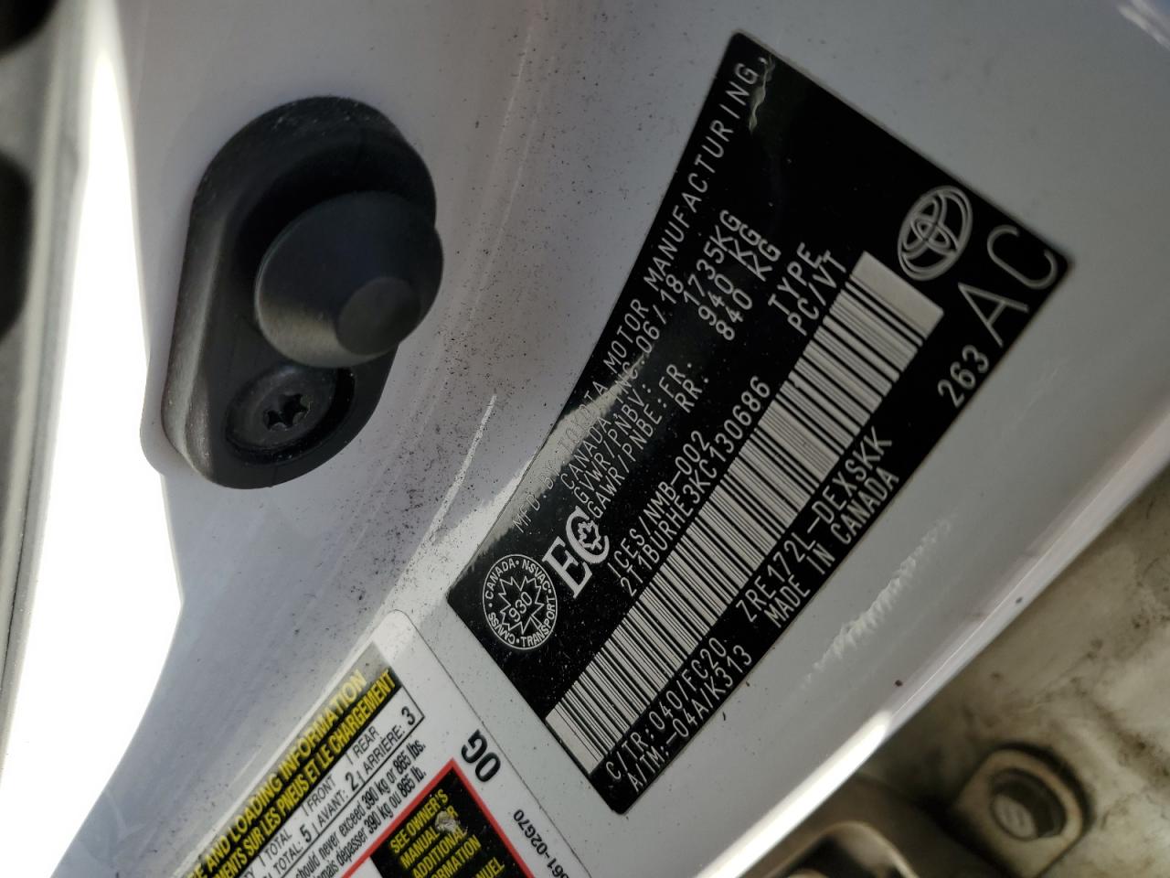 2019 Toyota Corolla VIN 2T1BURHE3KC130686 Copart auction photo, front end / side damage thumbnail 12