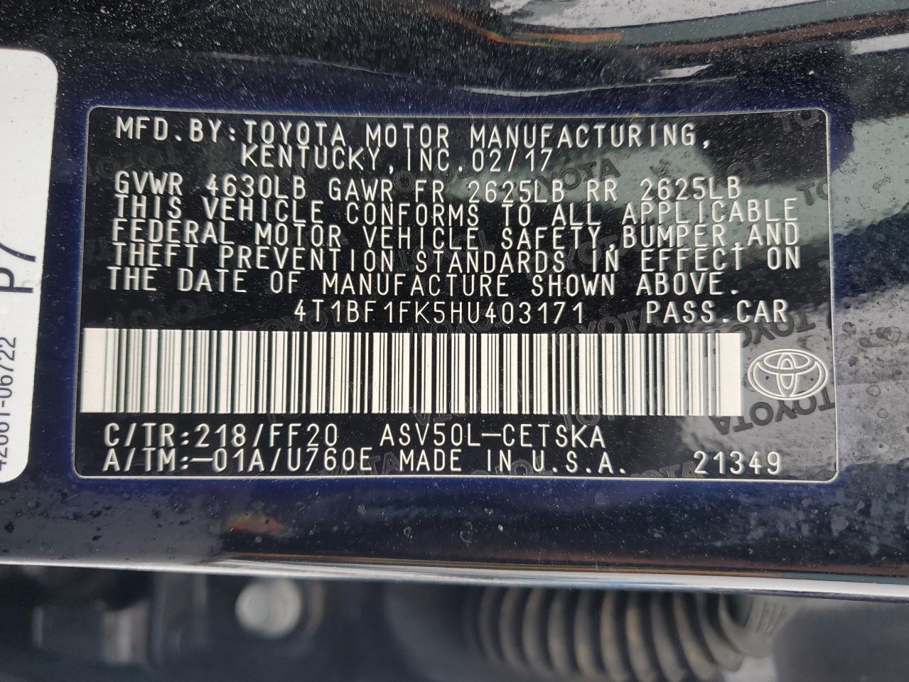 2017 Toyota Camry VIN 4T1BF1FK5HU403171 Copart auction photo, unknown damage thumbnail 14