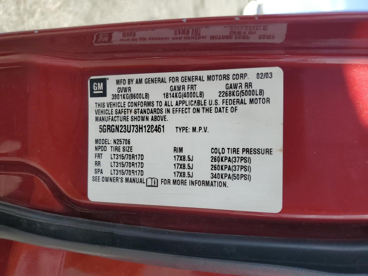 2003 Hummer H2 VIN 5GRGN23U73H128461 Copart auction photo, rear end damage thumbnail 15