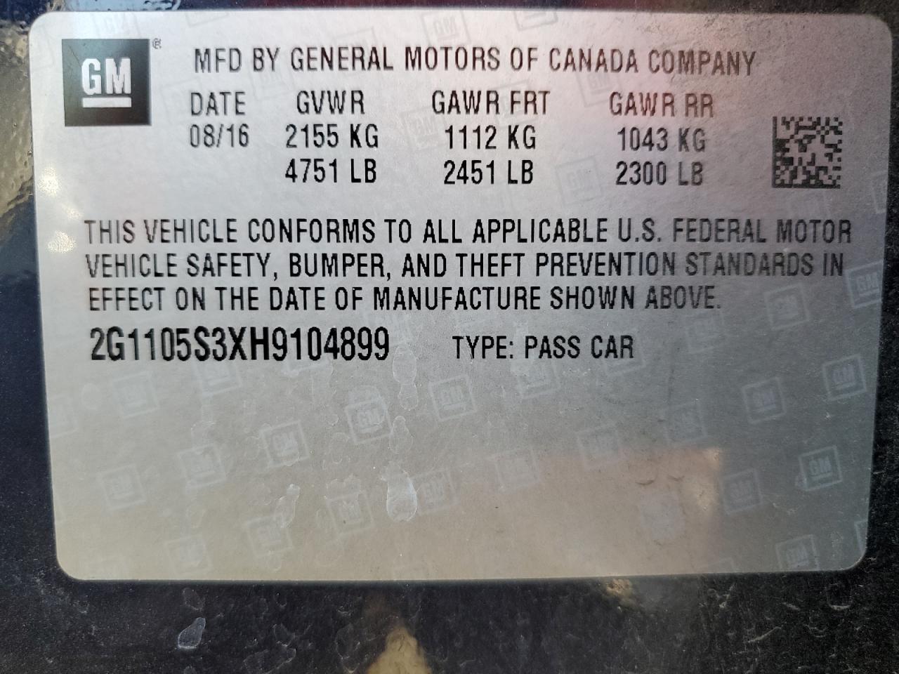 2017 Chevrolet Impala VIN 2G1105S3XH9104899 Copart auction photo, front end damage thumbnail 13