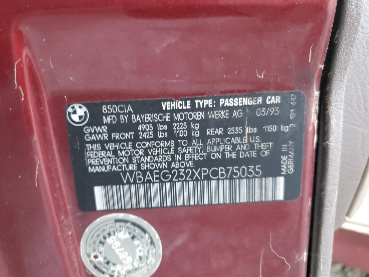 1993 BMW 8er VIN WBAEG232XPCB75035 Copart auction photo, water/flood damage thumbnail 13