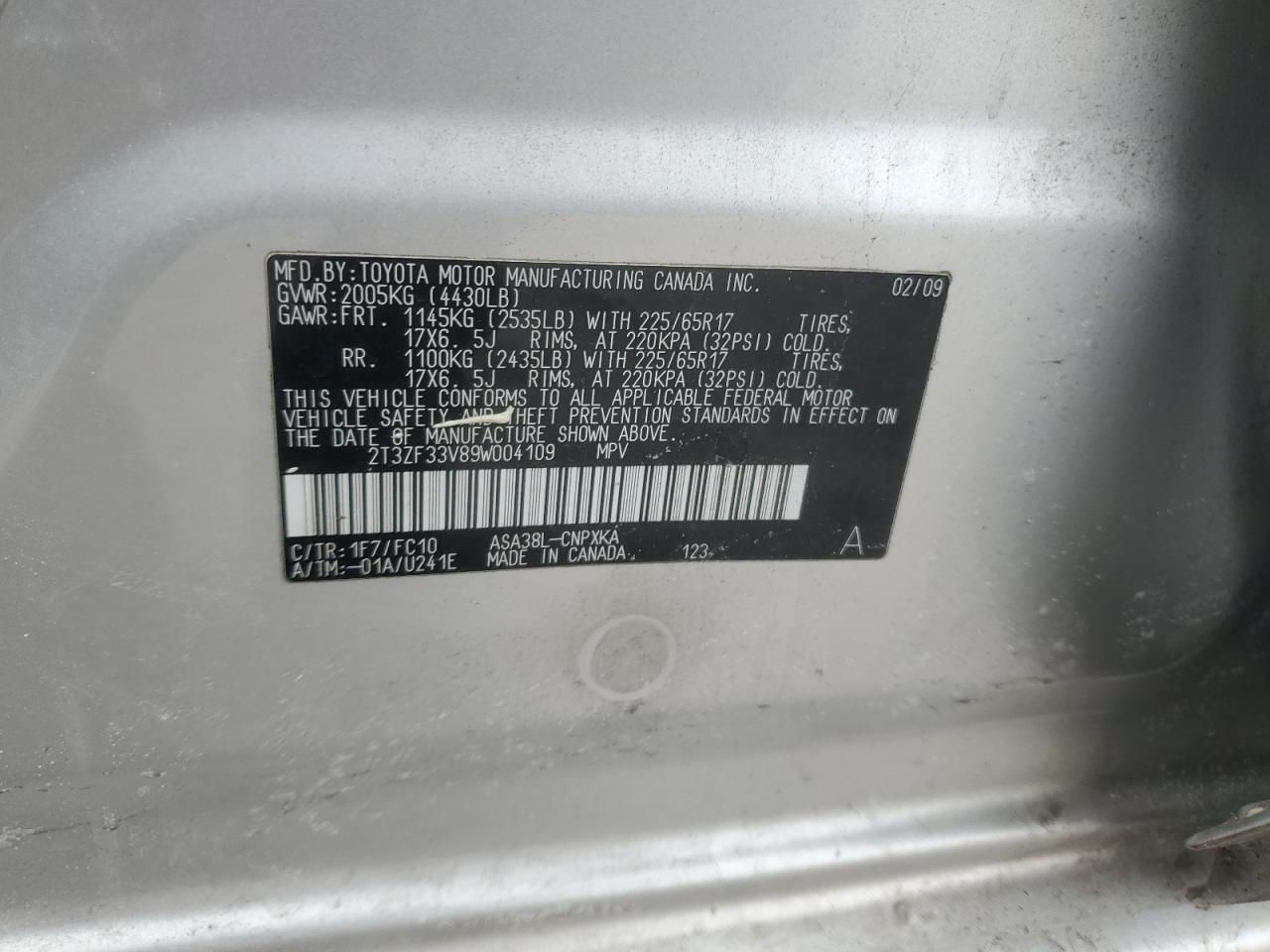 2009 Toyota RAV 4 VIN 2T3ZF33V89W004109 Copart auction photo, front end / minor dent/scratches damage thumbnail 13
