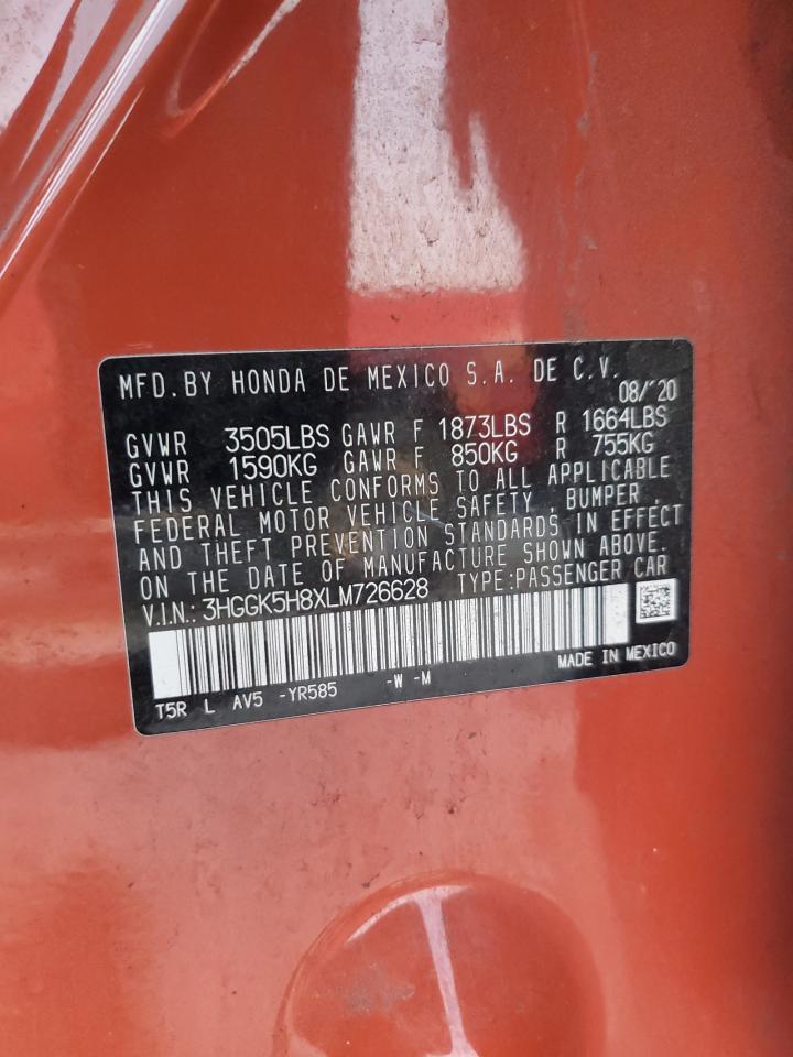 2020 Honda Fit VIN 3HGGK5H8XLM726628 Copart auction photo, front end damage thumbnail 14
