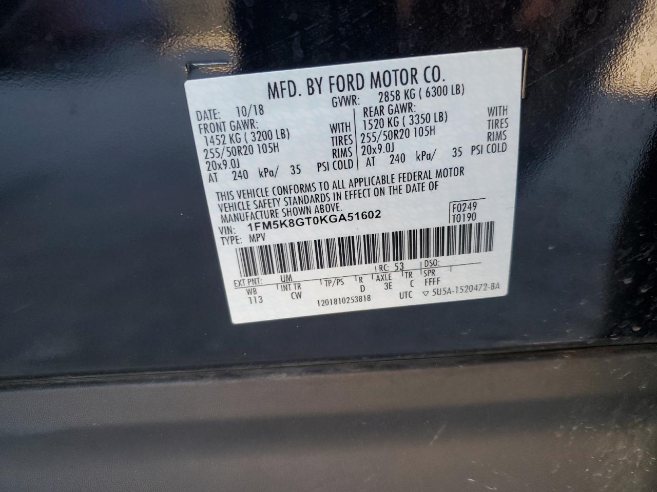2019 Ford Explorer VIN 1FM5K8GT0KGA51602 Copart auction photo, front end damage thumbnail 13