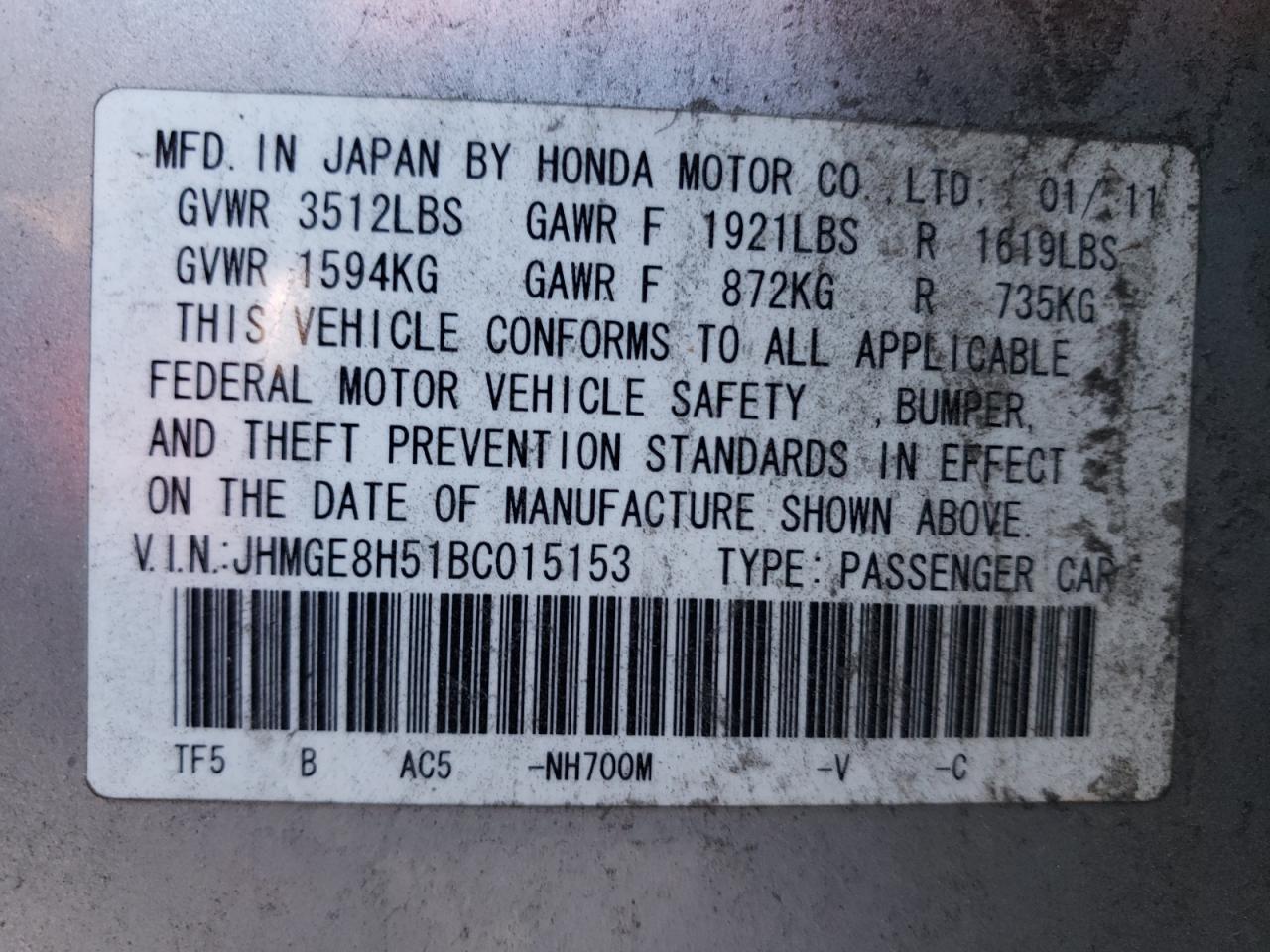 2011 Honda Fit VIN JHMGE8H51BC015153 Copart auction photo, front end / side damage thumbnail 12