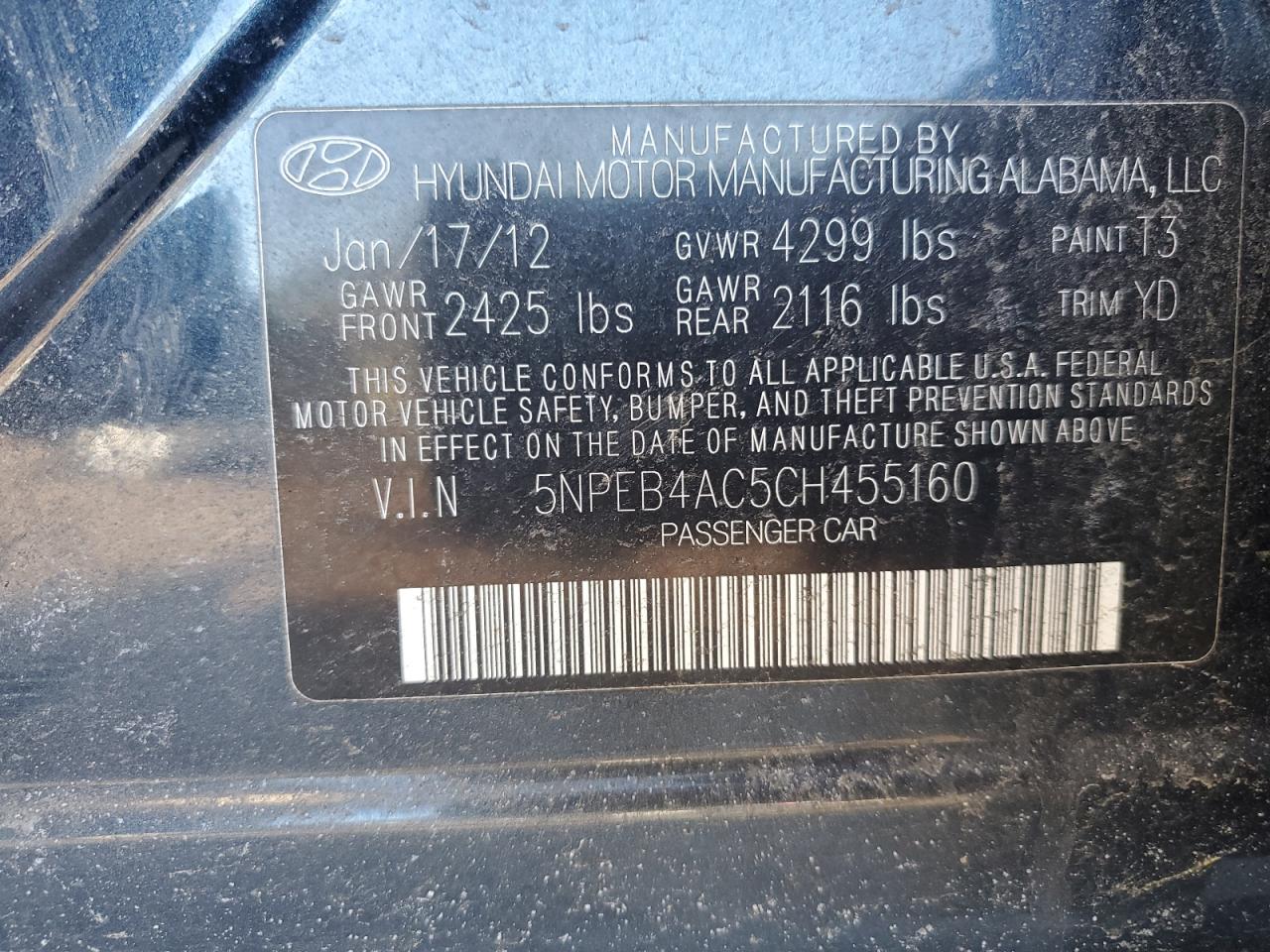 2012 Hyundai Sonata VIN 5NPEB4AC5CH455160 Copart auction photo, all over / minor dent/scratches damage thumbnail 15
