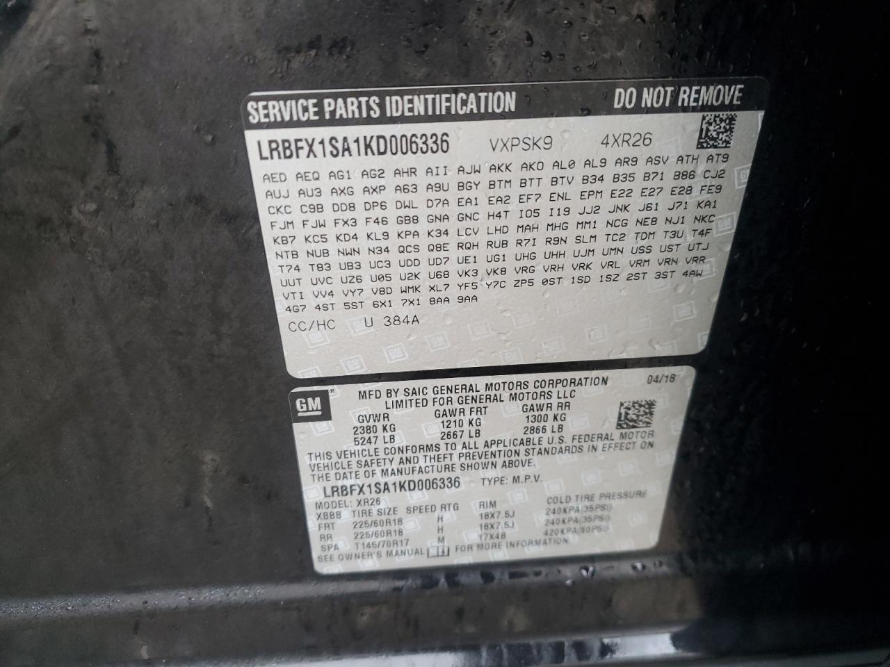 2019 Buick Envision VIN LRBFX1SA1KD006336 Copart auction photo, front end damage thumbnail 15