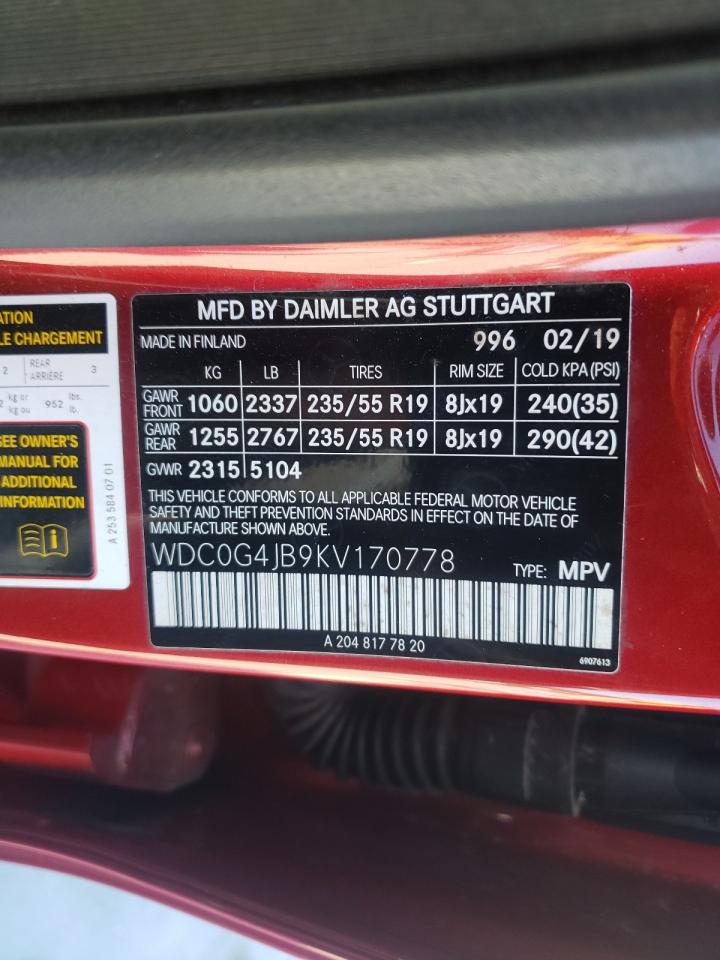 2019 Mercedes-Benz GLC VIN WDC0G4JB9KV170778 Copart auction photo, front end / rear end damage thumbnail 14