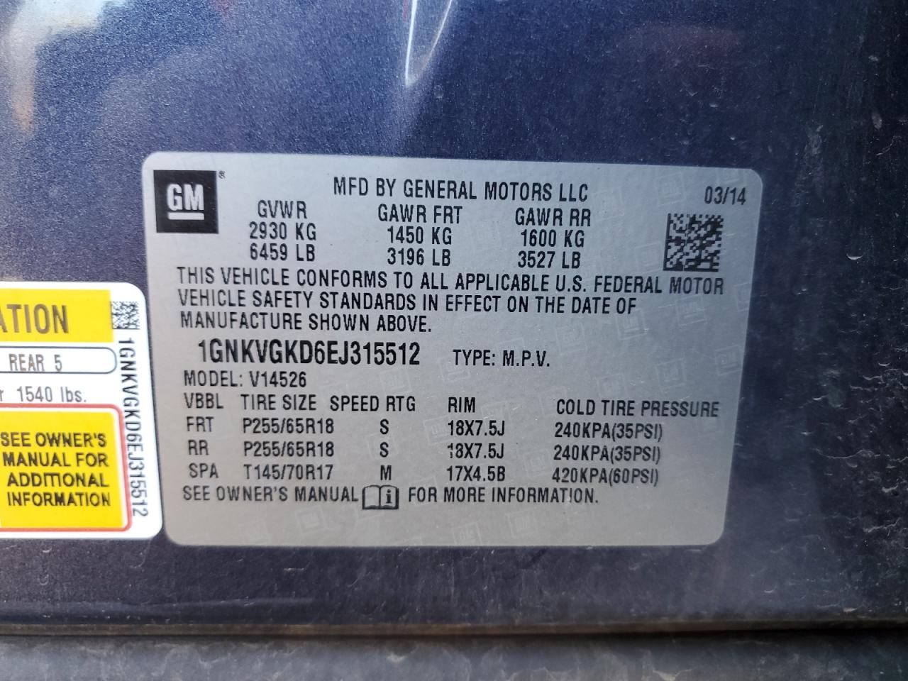 2014 Chevrolet Traverse VIN 1GNKVGKD6EJ315512 Copart auction photo, front end damage thumbnail 13