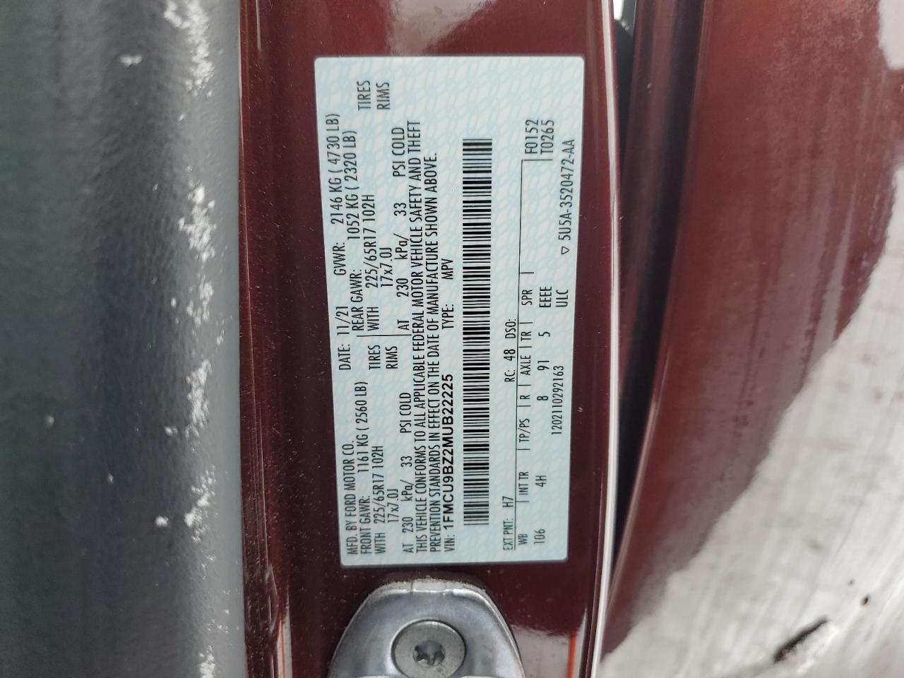 2021 Ford Escape VIN 1FMCU9BZ2MUB22225 Copart auction photo, front end / side damage thumbnail 15