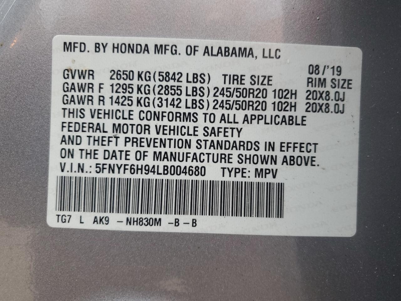 2020 Honda Pilot VIN 5FNYF6H94LB004680 Copart auction photo, front end / minor dent/scratches damage thumbnail 14