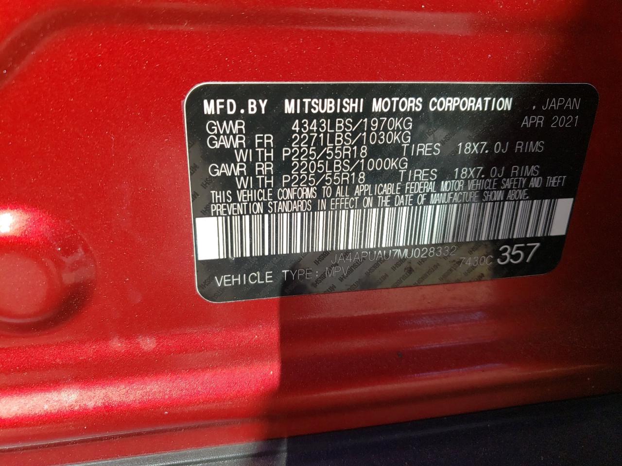 2021 Mitsubishi Outlander VIN JA4APUAU7MU028332 Copart auction photo, front end damage thumbnail 16