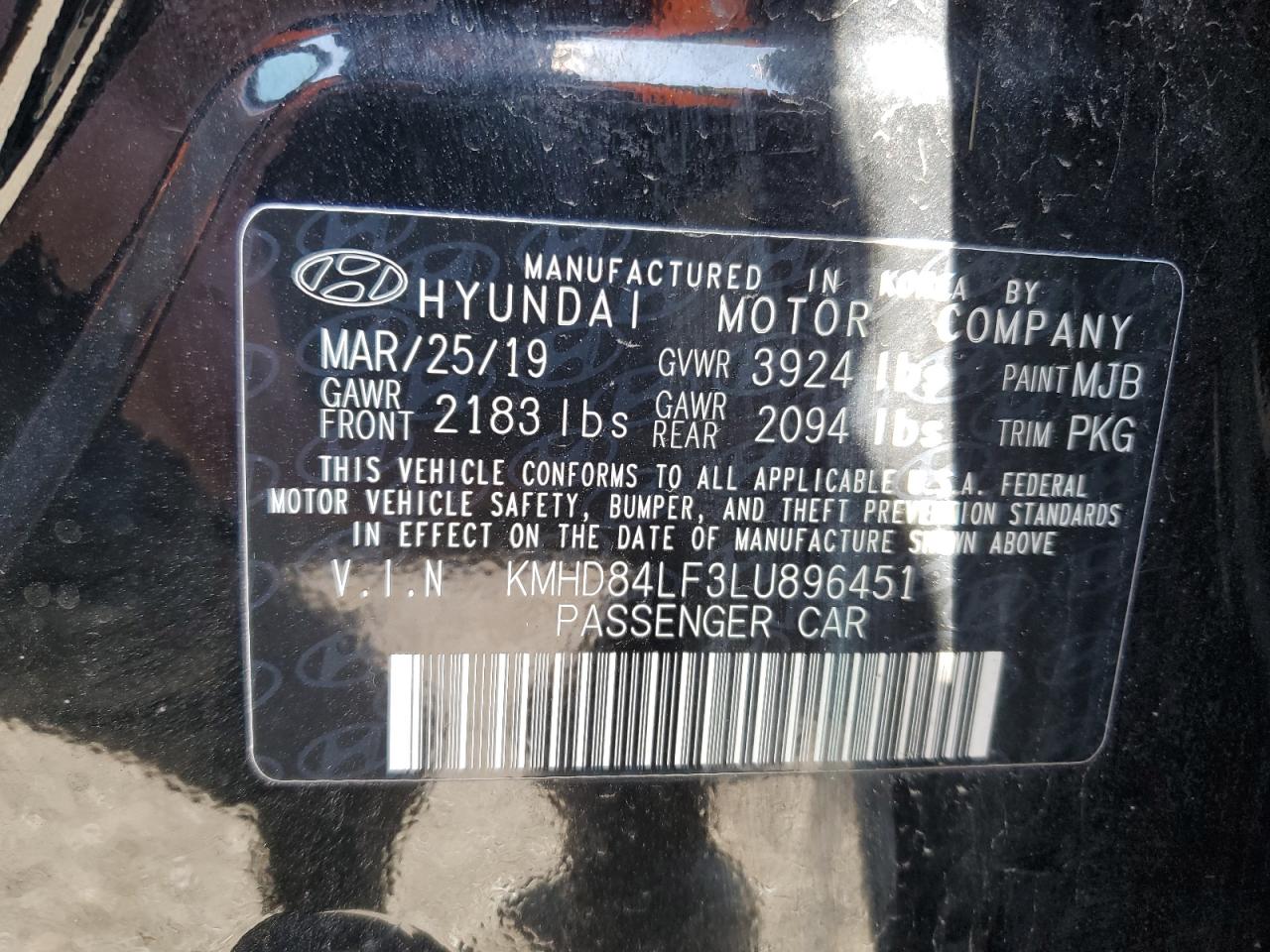 2020 Hyundai Elantra VIN KMHD84LF3LU896451 Copart auction photo, front end / side damage thumbnail 14