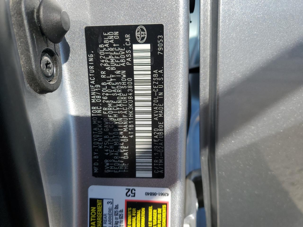 2019 Toyota Camry VIN 4T1B11HK3KU843800 Copart auction photo, all over damage thumbnail 14