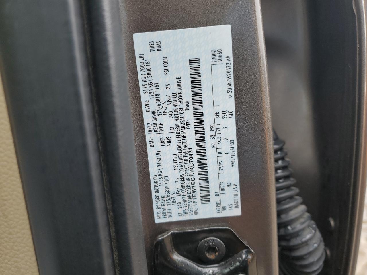 2018 Ford F-150 VIN 1FTEW1EG7JKC70431 Copart auction photo, front end / rear end damage thumbnail 12