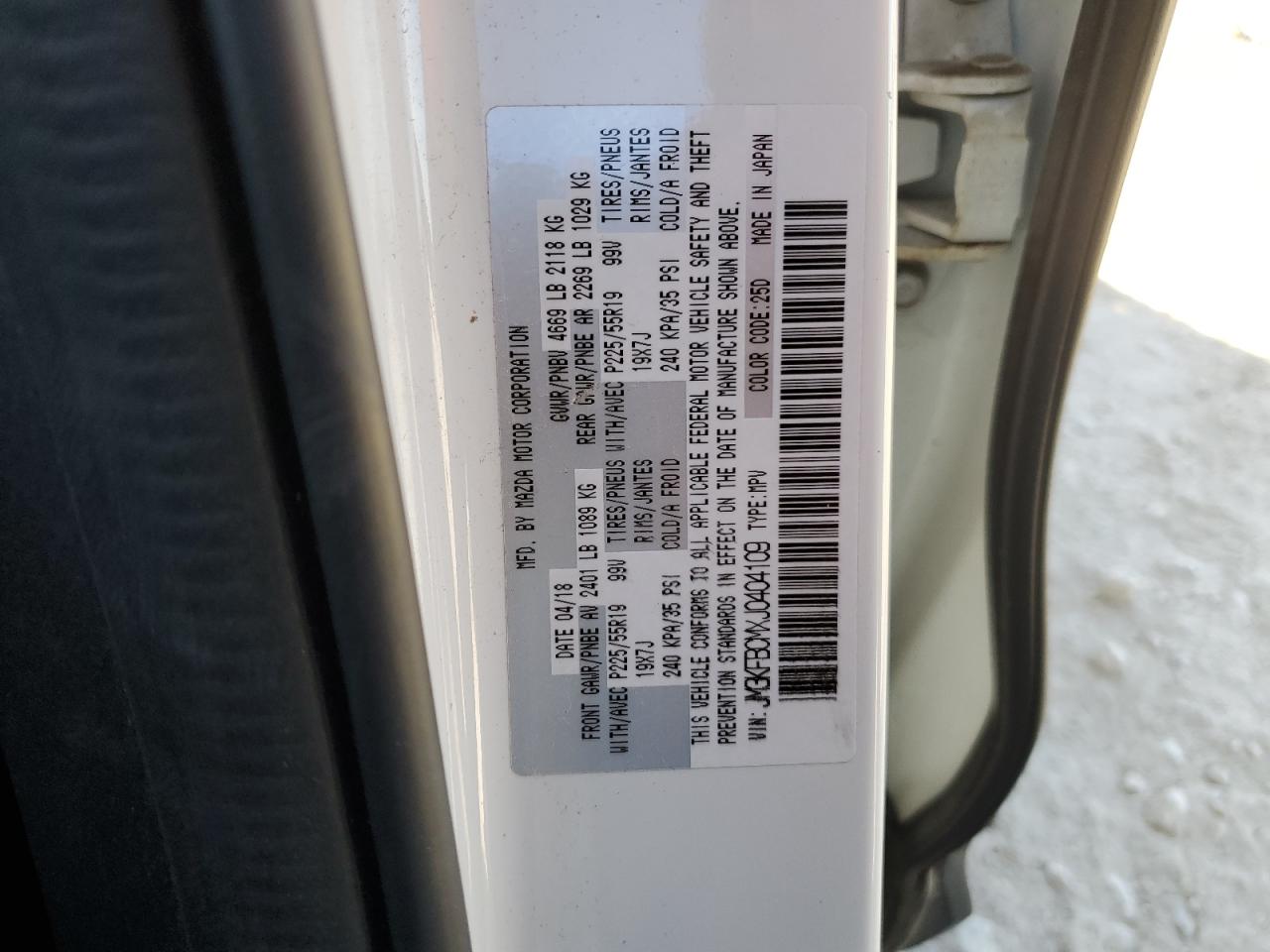 2018 Mazda CX-5 VIN JM3KFBCMXJ0404109 Copart auction photo, rear end / front end damage thumbnail 13