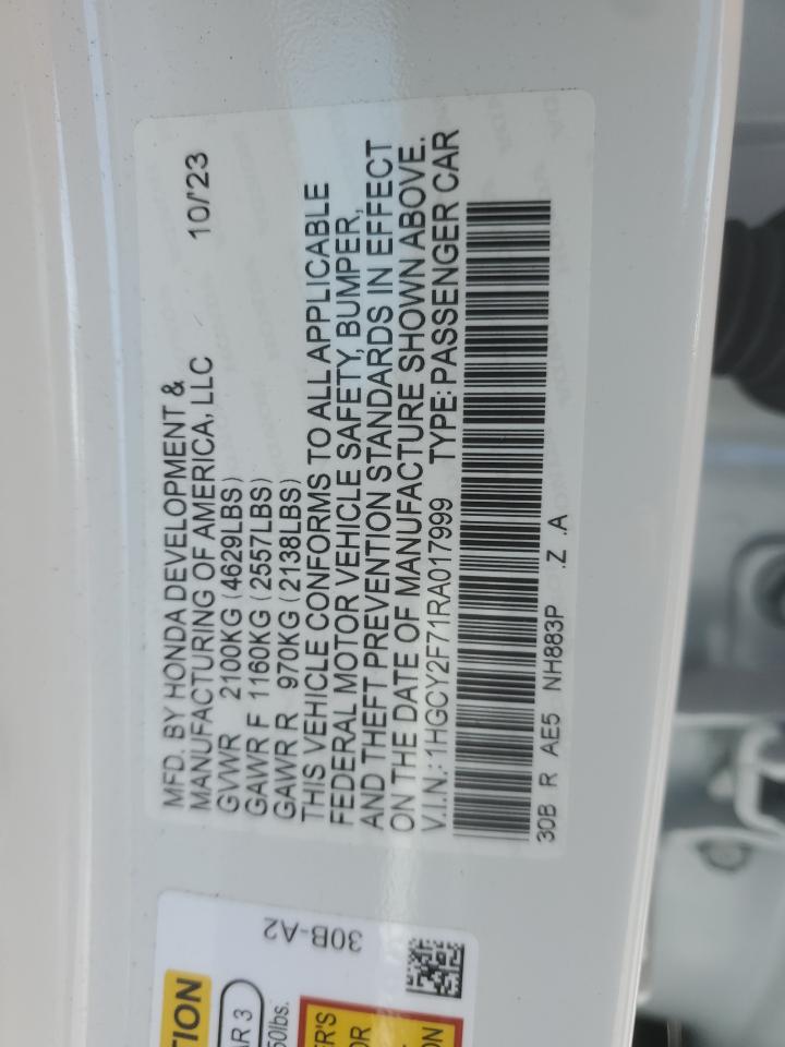 2024 Honda Accord VIN 1HGCY2F71RA017999 Copart auction photo, front end damage thumbnail 12