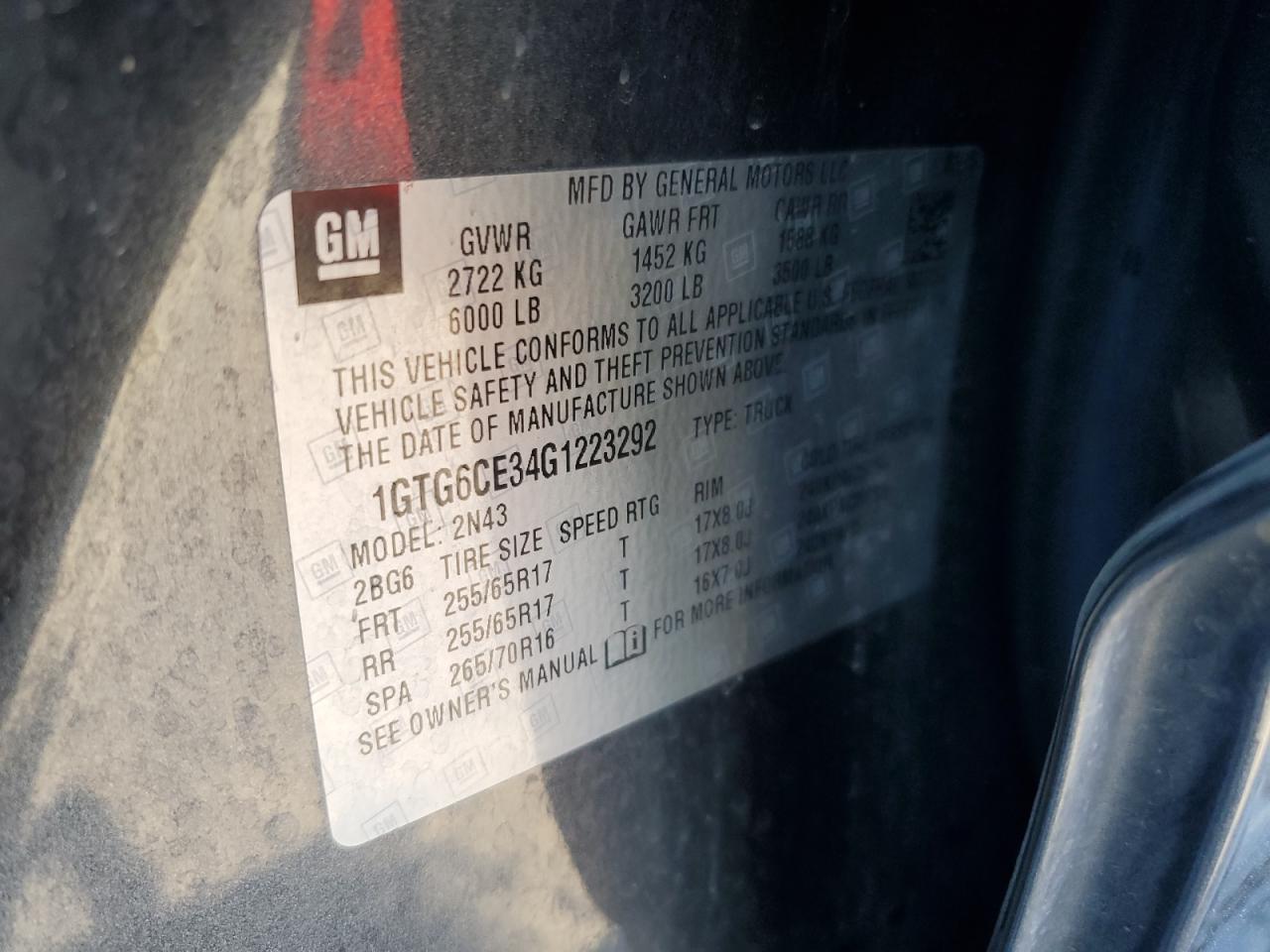 2016 GMC Canyon VIN 1GTG6CE34G1223292 Copart auction photo, front end damage thumbnail 12