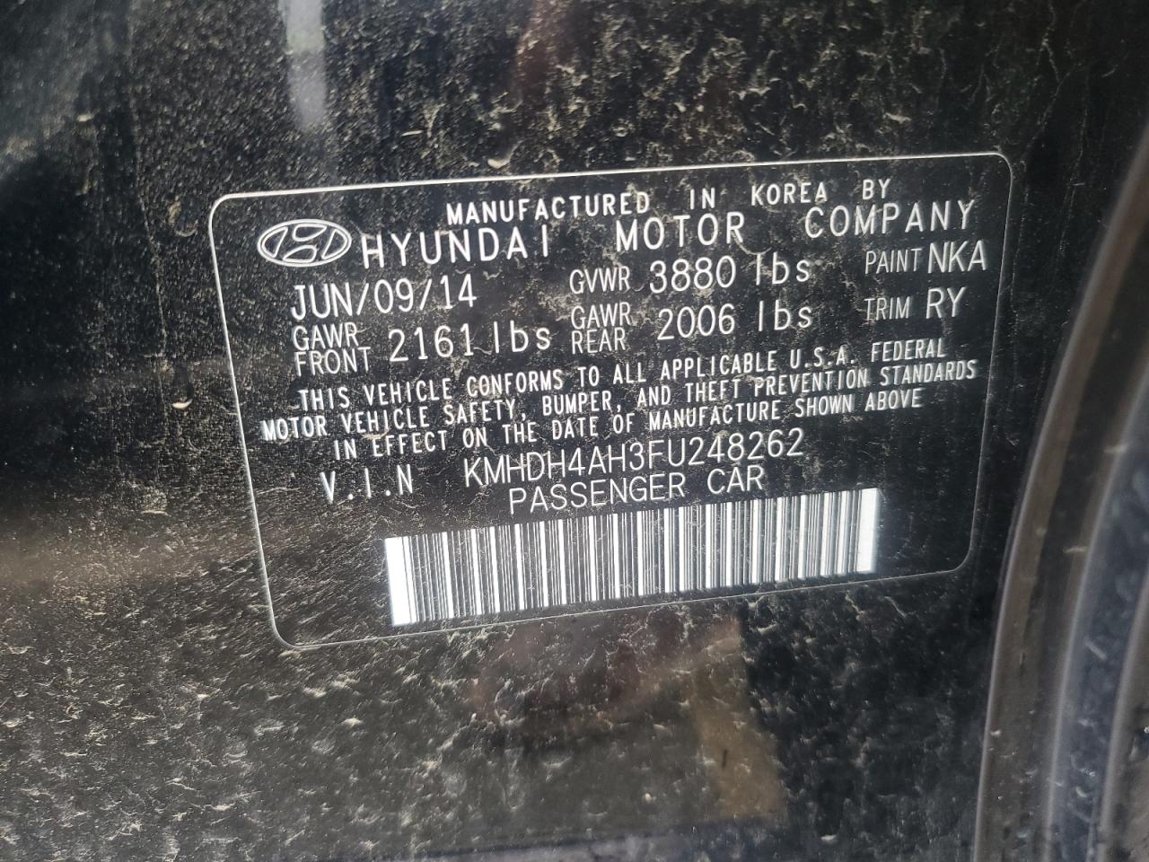 2015 Hyundai Elantra VIN KMHDH4AH3FU248262 Copart auction photo, rear end / all over damage thumbnail 12