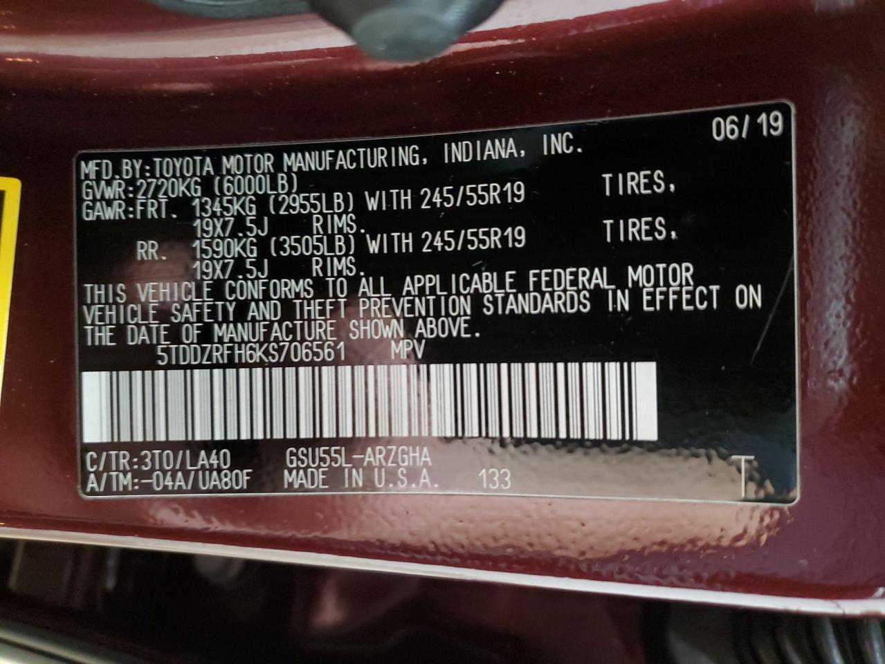 2019 Toyota Highlander VIN 5TDDZRFH6KS706561 Copart auction photo, rear end / side damage thumbnail 13
