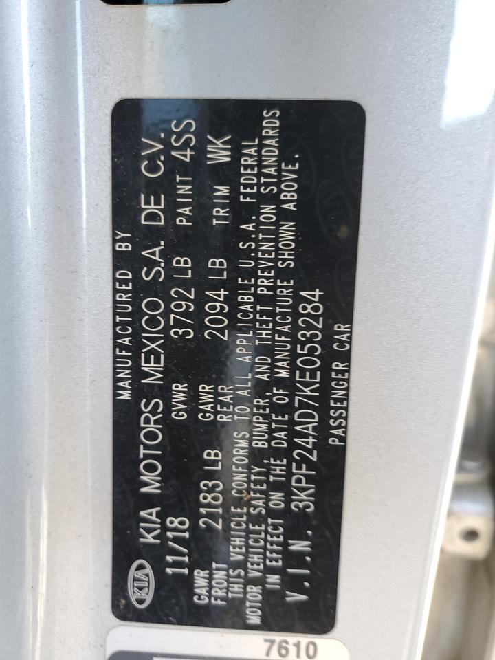 2019 KIA Forte VIN 3KPF24AD7KE053284 Copart auction photo, water/flood / minor dent/scratches damage thumbnail 13