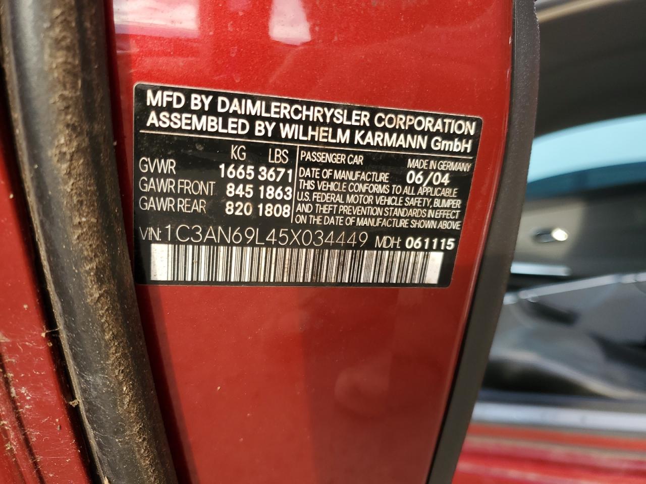 2005 Chrysler Crossfire VIN 1C3AN69L45X034449 Copart auction photo, top/roof damage thumbnail 12