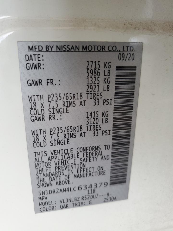 2020 Nissan Pathfinder VIN 5N1DR2AM4LC634379 Copart auction photo, side / rear end damage thumbnail 13