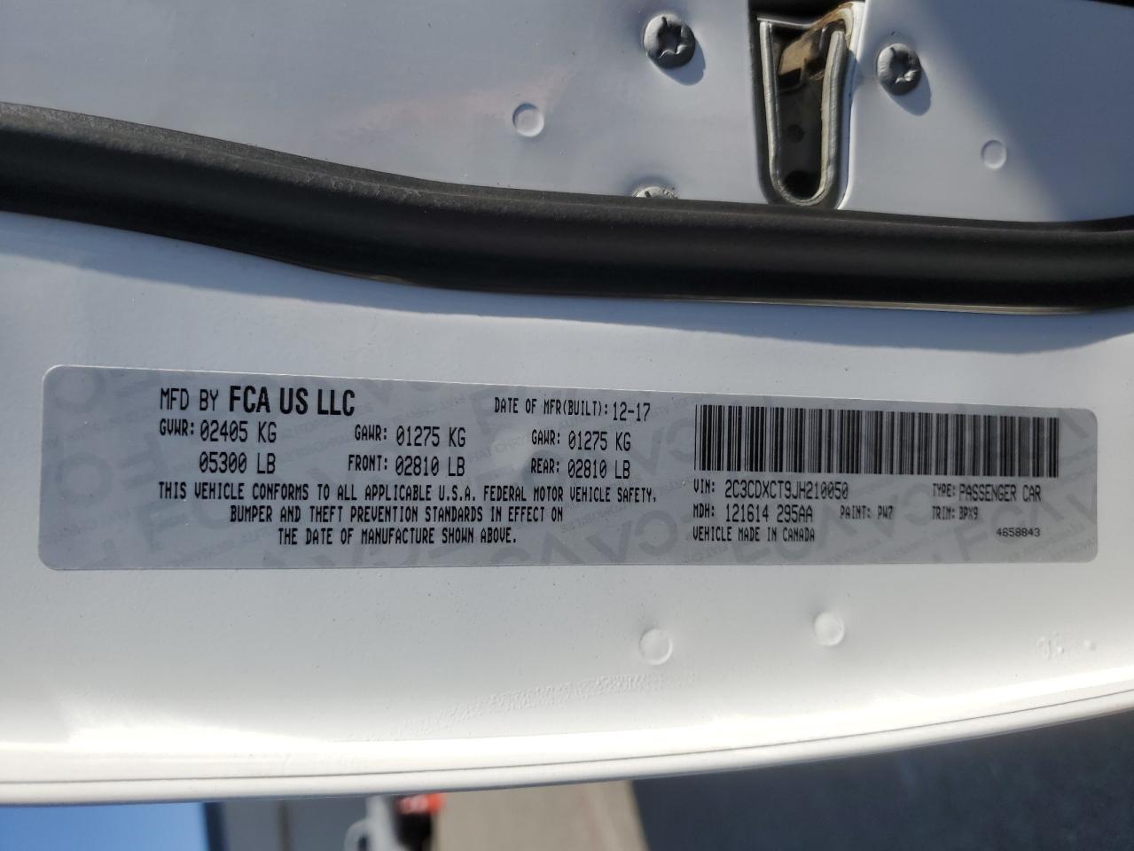 2018 Dodge Charger VIN 2C3CDXCT9JH210050 Copart auction photo, vandalism damage thumbnail 12