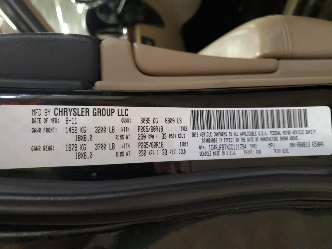 2012 Jeep Grand Cherokee VIN 1C4RJFBTXCC111754 Copart auction photo, hail / side damage thumbnail 13